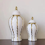 Elegant Luxury Ginger Jar Ceramic Vase WHITE w Gold Accents